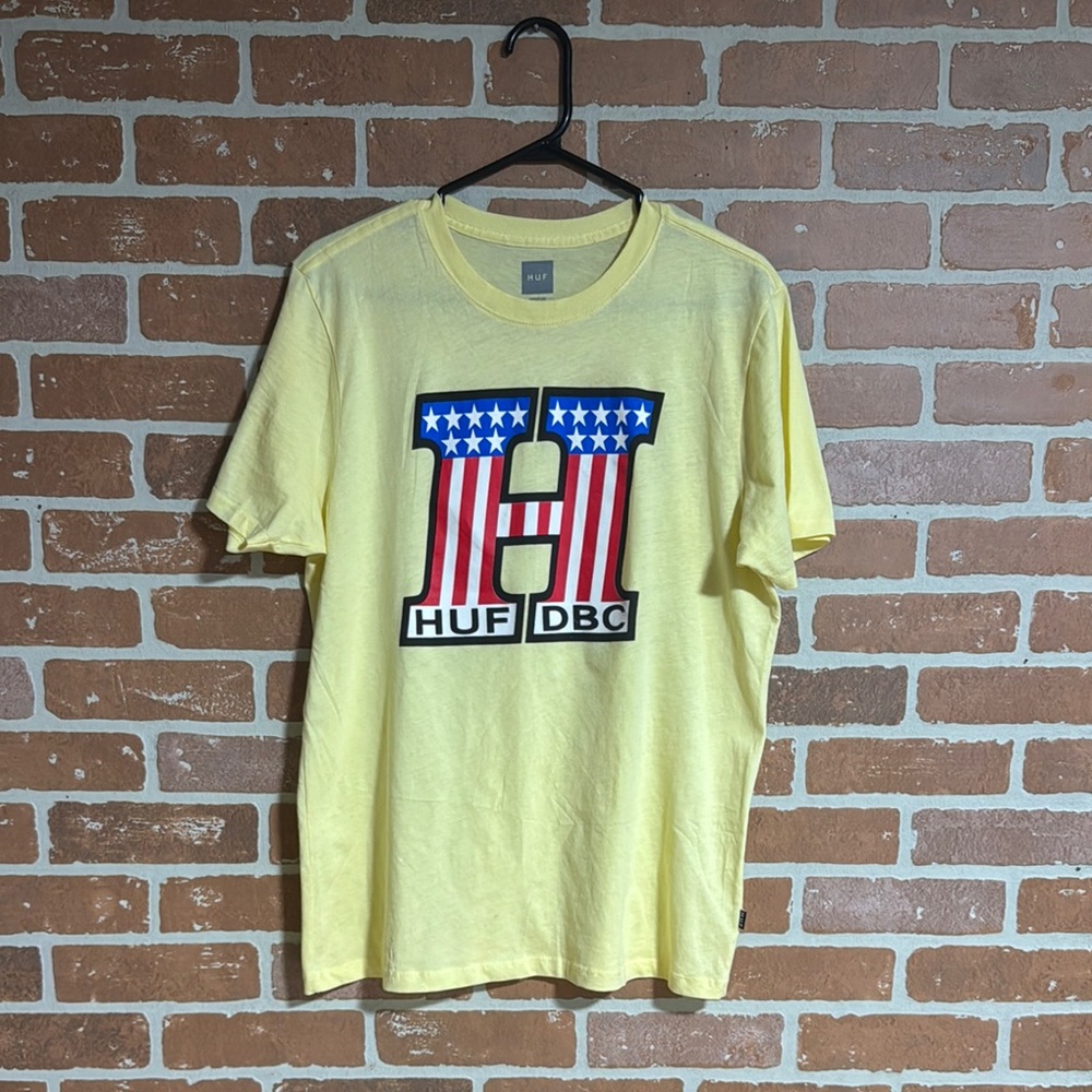 HUF Yellow Short Sleeve Tee with Patriotic Graphic
